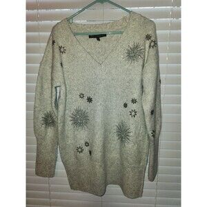 White House Black Market Wool Blend Beaded Snowflake Sweater Long Sz L gray Xmas
